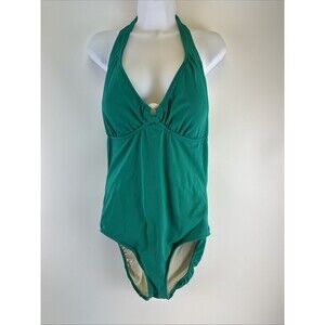 Lands End One Piece Swimsuit Green Halter Tie Neck Ring V-Neck Beach Plus 18